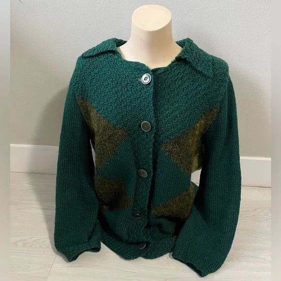 vintage textured knit cardigan sweater emerald green with argyle green pattern - Picture 2 of 7